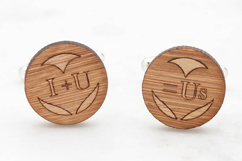 These heart shaped wood cufflinks are laser engraved with the message, I + U = Us.  Perfect wedding or anniversary cufflinks for the groom, boyfriend or husband.  Hand crafted from eco-friendly bamboo. Available in silver, gold and antique bronze bullet-style cufflink backs.