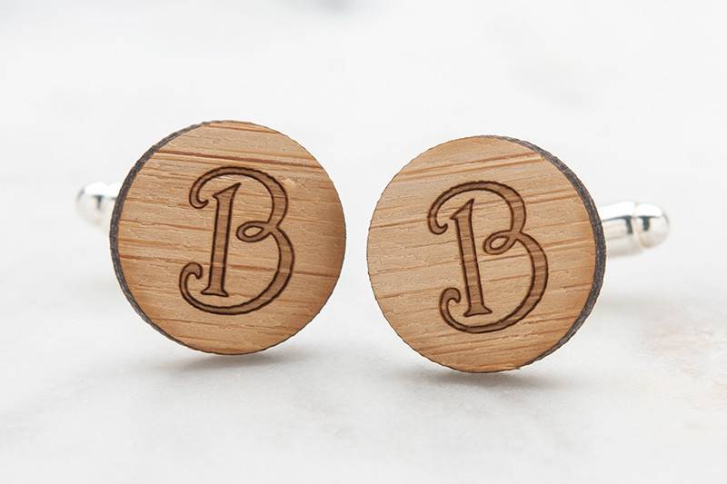 Monogrammed Wood Cufflinks. Perfect wedding cufflinks for groom, best man and groomsmen.  Great gift for boyfriend and husband.  Hand crafted from eco-friendly bamboo. Available in silver, gold and antique bronze bullet-style cufflink backs.