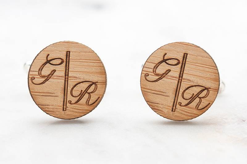 Monogrammed Wood Cufflinks in a script font. Perfect wedding cufflinks for groom, best man and groomsmen.  Great gift for boyfriend and husband.  Hand crafted from eco-friendly bamboo. Available in silver, gold and antique bronze bullet-style cufflink backs.