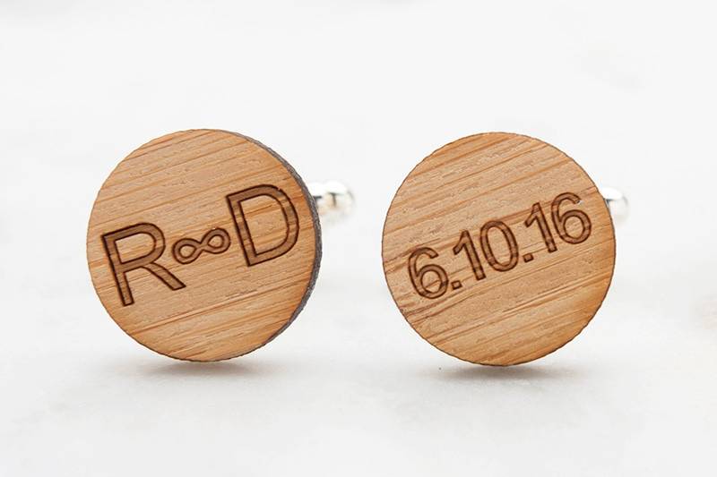 Infinity Monogrammed Wood Cufflinks, laser engraved with wedding or anniversary date. Perfect wedding cufflinks for groom, best man and groomsmen.  Great gift for boyfriend and husband.  Hand crafted from eco-friendly bamboo. Available in silver, gold and antique bronze bullet-style cufflink backs.