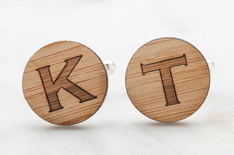 Monogrammed Wood Cufflinks. Personalized wedding cufflinks for groom, best man and groomsmen.  Great gift for boyfriend and husband.  Hand crafted from eco-friendly bamboo. Available in silver, gold and antique bronze bullet-style cufflink backs.