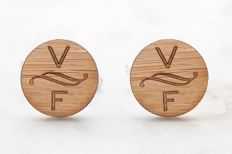 Monogrammed Wood Cufflinks accented with a scroll detail. Perfect wedding cufflinks for groom, best man and groomsmen.  Great gift for boyfriend and husband.  Hand crafted from eco-friendly bamboo. Available in silver, gold and antique bronze bullet-style cufflink backs.