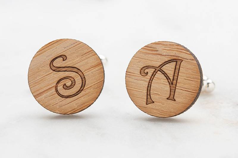 Monogrammed Wood Cufflinks.  Laser engraved on eco-friendly bamboo.  Perfect wedding cufflinks for groom, best man and groomsmen.  Great gift for boyfriend and husband.  Available in silver, gold and antique bronze bullet-style cufflink backs.