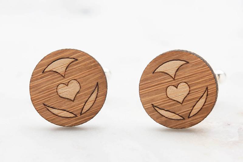Valentine Heart Wood Cufflinks.  Perfect wedding cufflinks for groom, best man and groomsmen.  Great gift for boyfriend and husband.  Hand crafted from eco-friendly bamboo. Available in silver, gold and antique bronze bullet-style cufflink backs.