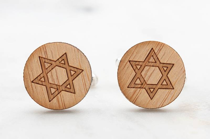 Star of David Wood Cufflinks.  Perfect wedding cufflinks for groom, best man and groomsmen.  Great gift for boyfriend and husband.  Hand crafted from eco-friendly bamboo. Available in silver, gold and antique bronze bullet-style cufflink backs.