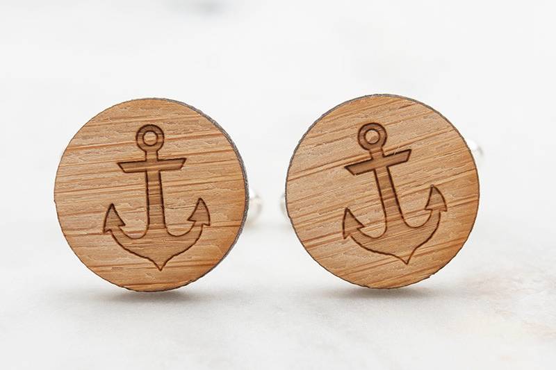 Anchor Wood Cufflinks. Perfect wedding cufflinks for groom, best man and groomsmen.  Great gift for boyfriend and husband.  Hand crafted from eco-friendly bamboo. Available in silver, gold and antique bronze bullet-style cufflink backs.