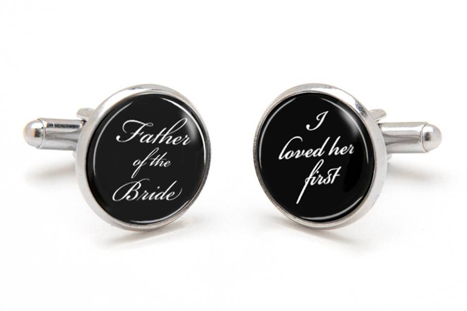 Father of the Bride Cufflinks printed with I loved her first. Perfect sentimental keepsake gift from bride to dad.  Laser printed on a black background with white font, preserved under a clear glass dome.  Available in silver, gold and antique bronze bullet-style cufflink backs.