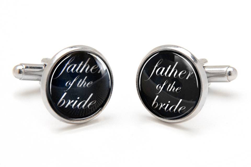 Father of the Bride Cufflinks. Perfect sentimental keepsake gift from bride to dad.  Laser printed on a black background with white font, preserved under a clear glass dome.  Available in silver, gold and antique bronze bullet-style cufflink backs.