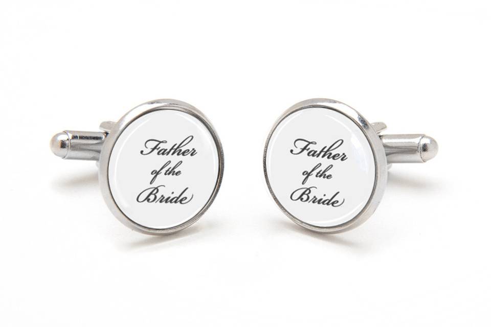 Father of the Bride Cufflinks. Perfect sentimental keepsake gift from bride to dad.  Laser printed on a white background with black font, preserved under a clear glass dome.  Available in silver, gold and antique bronze bullet-style cufflink backs.