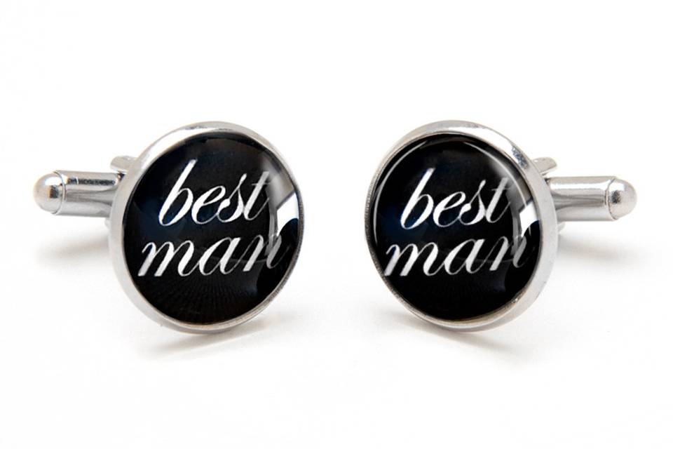 Best Man Cufflinks. Perfect keepsake gift from groom to best man.  Laser printed on a black background with white font, preserved under a clear glass dome.  Available in silver, gold and antique bronze bullet-style cufflink backs.