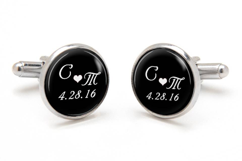 Monogrammed Cufflinks with wedding or anniversary date.   Perfect wedding cufflinks for groom, best man and groomsmen.  Great gift for boyfriend and husband.  Available in silver, gold and antique bronze bullet-style cufflink backs.