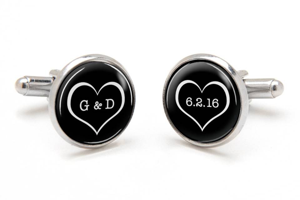 Valentine Heart Cufflinks with monograms and wedding or anniversary date.   Perfect wedding cufflinks for groom, best man and groomsmen.  Great gift for boyfriend and husband.  Available in silver, gold and antique bronze bullet-style cufflink backs.