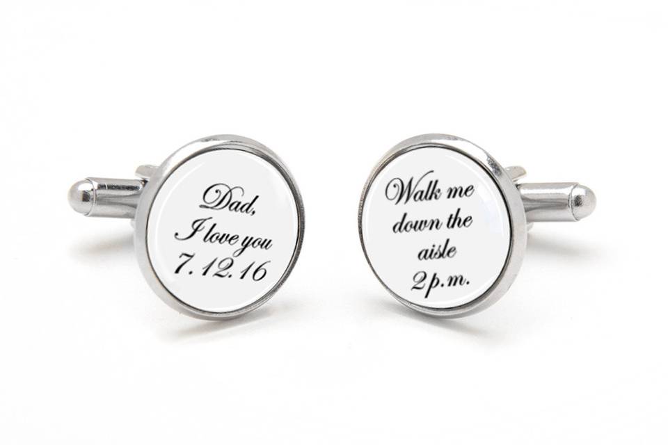 Father of the Bride Cufflinks.  Sentimental message from bride to Dad, I love you with wedding date, Walk me down the aisle and wedding time. Available in silver, gold and antique bronze bullet-style cufflink backs.