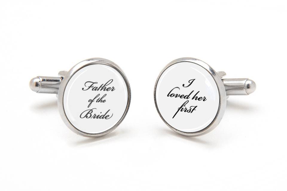 Father of the Bride Cufflinks, I loved her first. Perfect sentimental keepsake gift from bride to dad.  Laser printed on a white background with black font, preserved under a clear glass dome.  Available in silver, gold and antique bronze bullet-style cufflink backs.