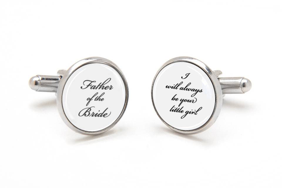 Father of the Bride Cufflinks, I will always be your little girl. Perfect sentimental keepsake gift from bride to dad.  Laser printed on a white background with black font, preserved under a clear glass dome.  Available in silver, gold and antique bronze bullet-style cufflink backs.