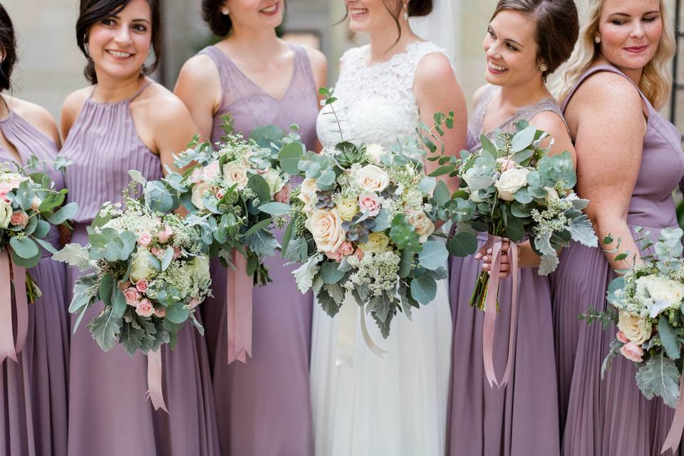 Bouquets of bride and her bridesmaids