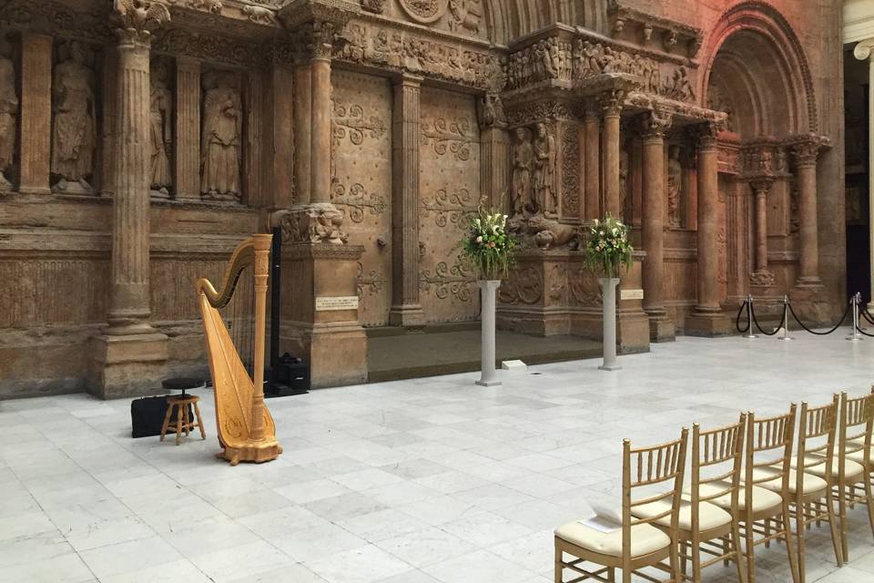 Harp setup at an outdoor wedding