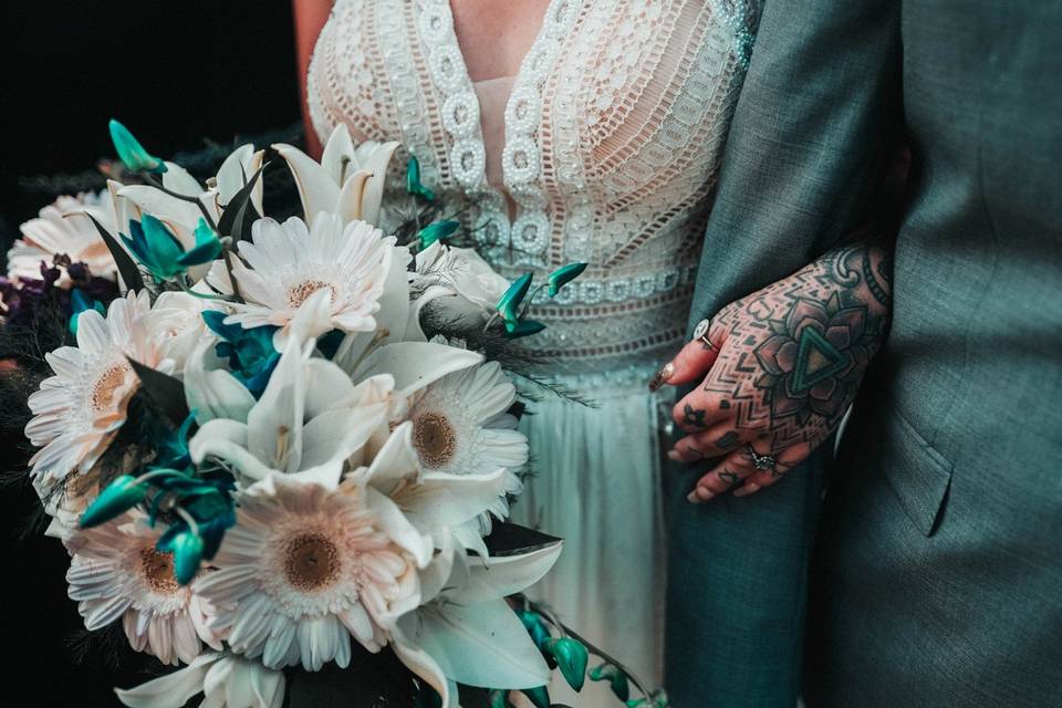 Close-up of ring and bouquet