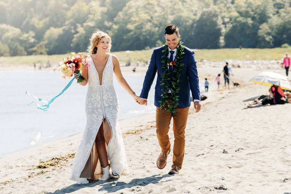 Bride and groom on beach