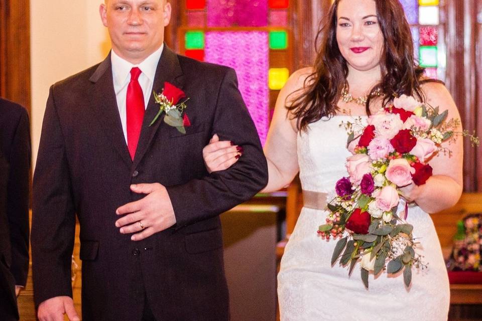 Lovely Ava was thrilled with her cascade bouquet in burgundy & ivory with eucalyptus.