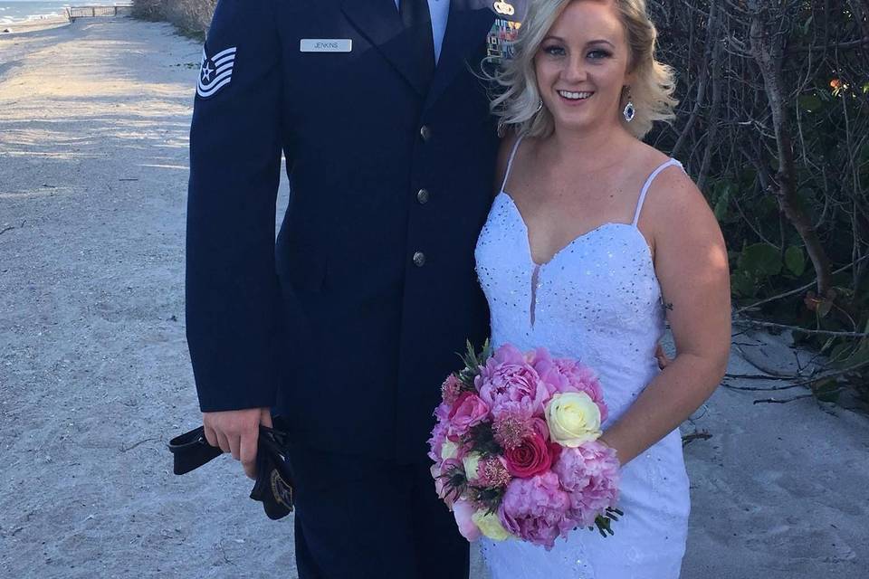 Lovely Lacey with her cascade bouquet.