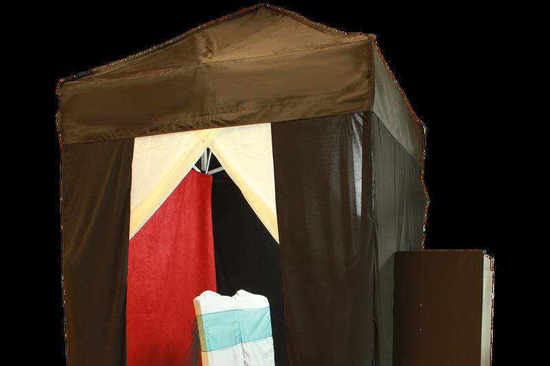 Our Memorable Event Entertainment Photo Booth is a 5x5 booth with a black curtain enclosure. We can use any color backdrop you'd like and it can fit 1 person in it all the way up to about 8 people!