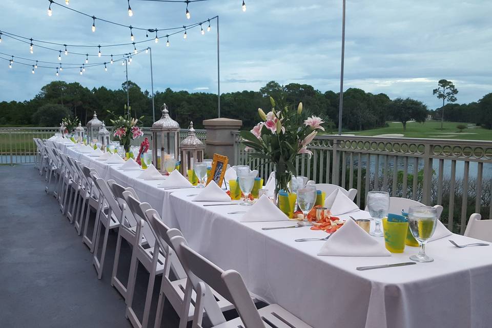 Reception set up on the terrace of Emerald Bay Clubhouse