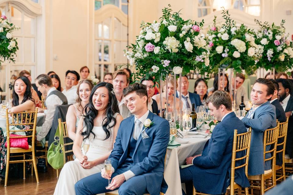 Bride and groom at table