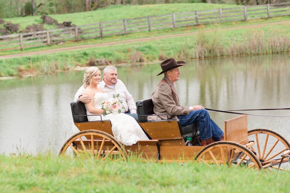 Horse and carriage ride around the pond to the ceremony site