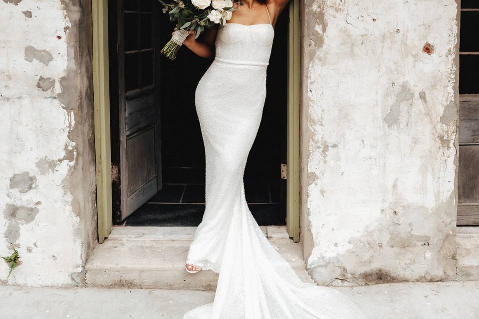 Bride in courtyard