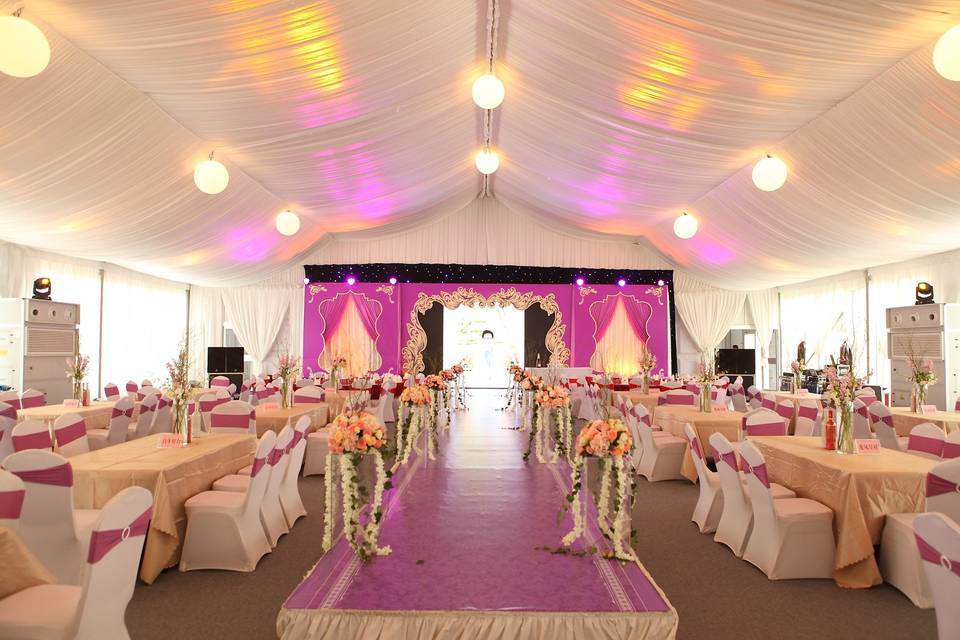 Custom a wedding tent with luxury and romantic decoration with lightings, stages, tables and chairs etc.