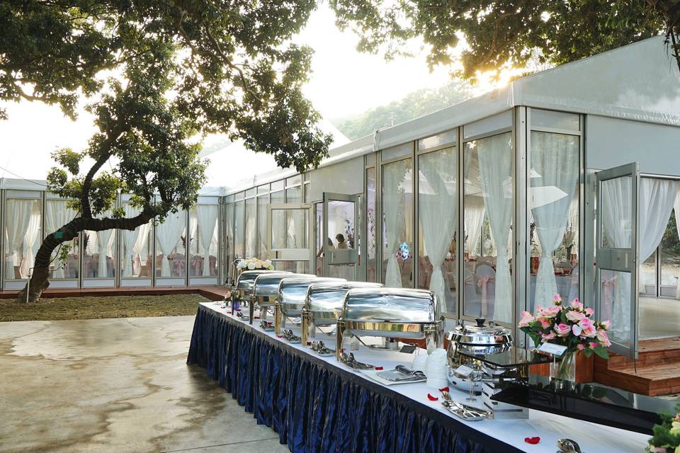 Wedding Tent with glass wall, glass doors and other accessories for reception hall, restaurant hall and ceremony hall.