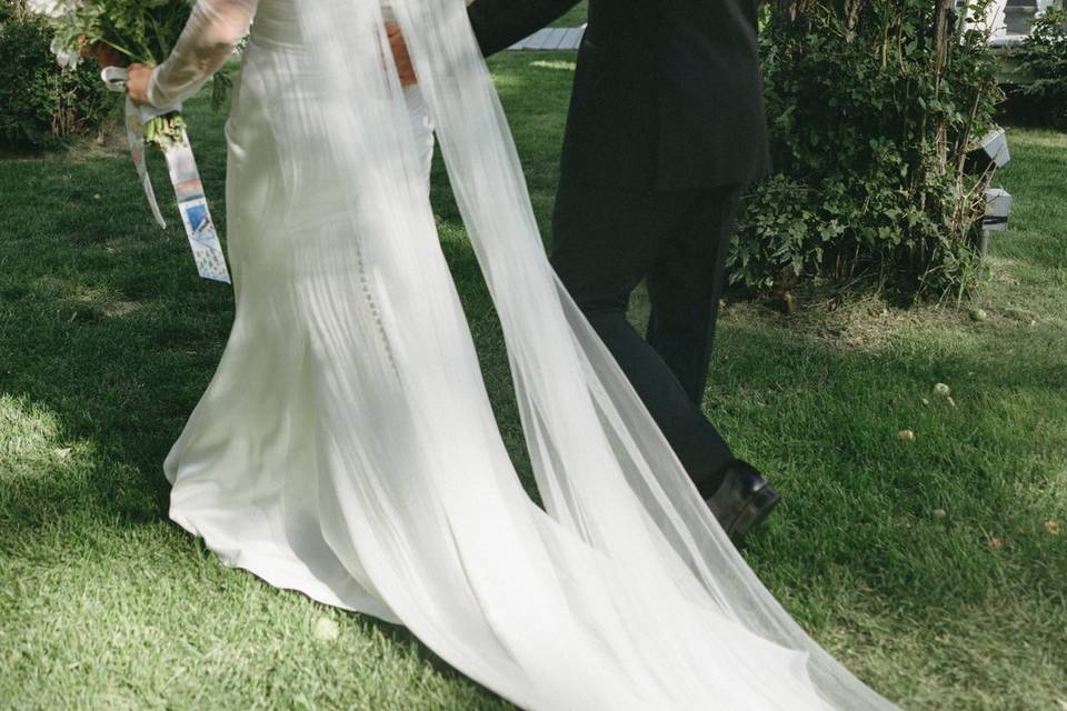 Bride and groom walking