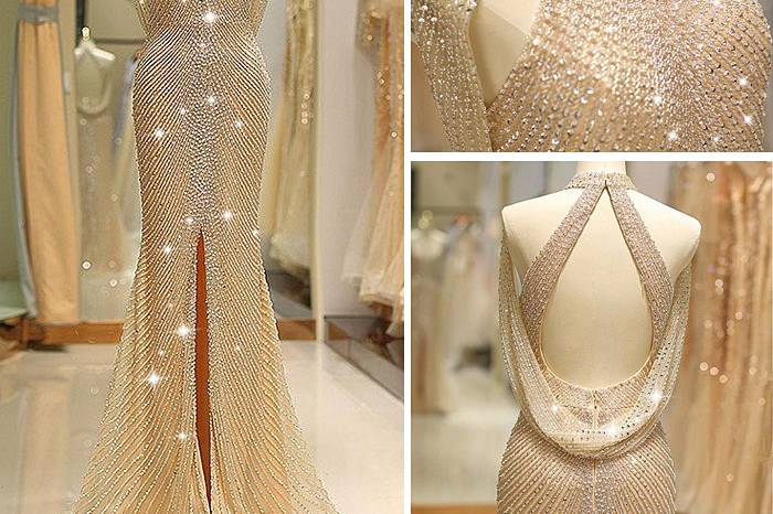 Details of evening gowns with beads