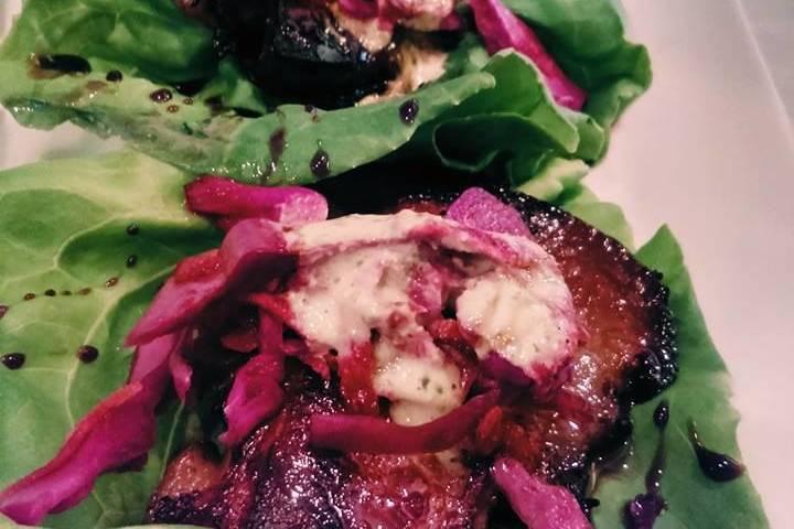 Shoyu Braised Pork Belly with Bibb Lettuce Wraps, Pickled Ginger Red Cabbage & Lime Crema