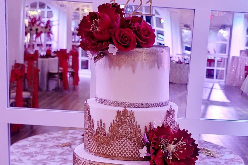 Red and Gold Lace Wedding Cake