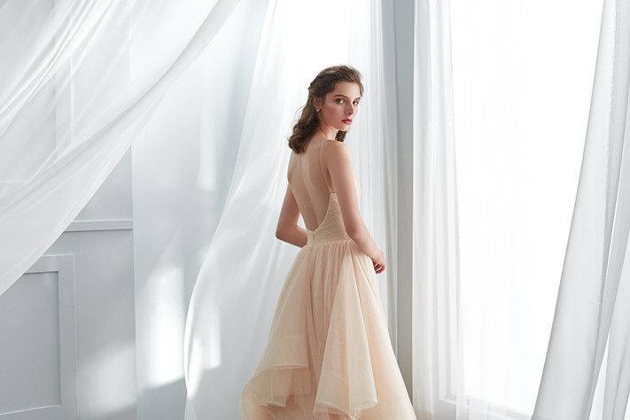 Long ruffled soft tulle ball gown