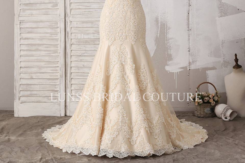 Lunss Unique Gold Lace Illusion 3/4 Sleeve Wedding Gown