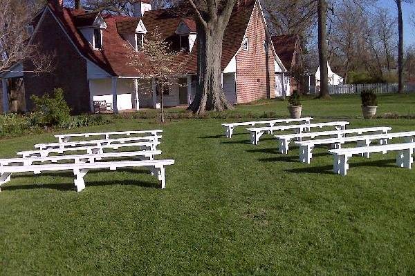 WHITE GARDEN BENCHES - seats up to 6 guests for ceremonial seating
