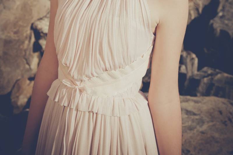 ARCIERE Silk tulle halter gown with velvet leaves and ribbons. Available in white, ivory, navy, grey and blush. 100% silk.