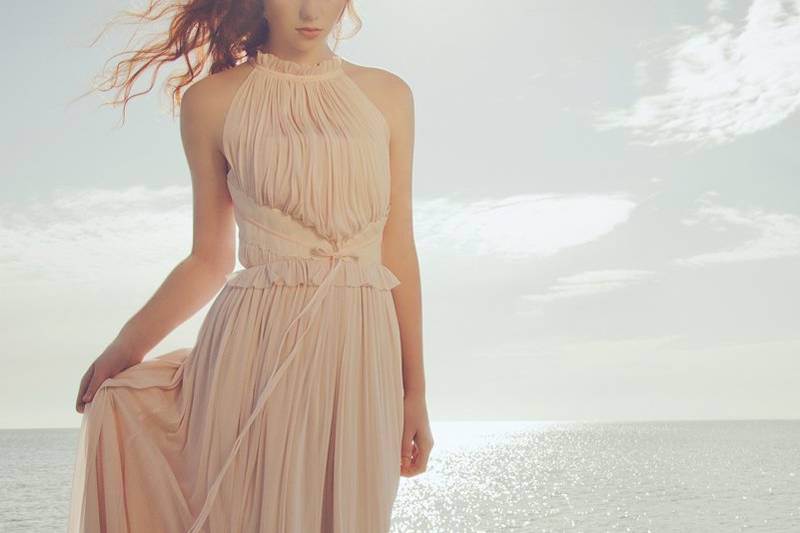 ARCIERE Silk tulle halter gown with velvet leaves and ribbons. Available in white, ivory, navy, grey and blush. 100% silk.