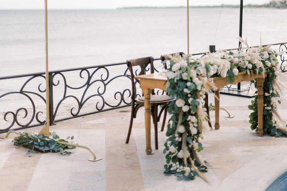 SH table with neon sign