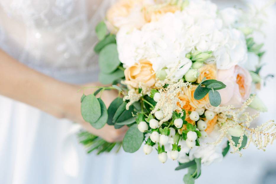 Salmon & white wedding bouquet