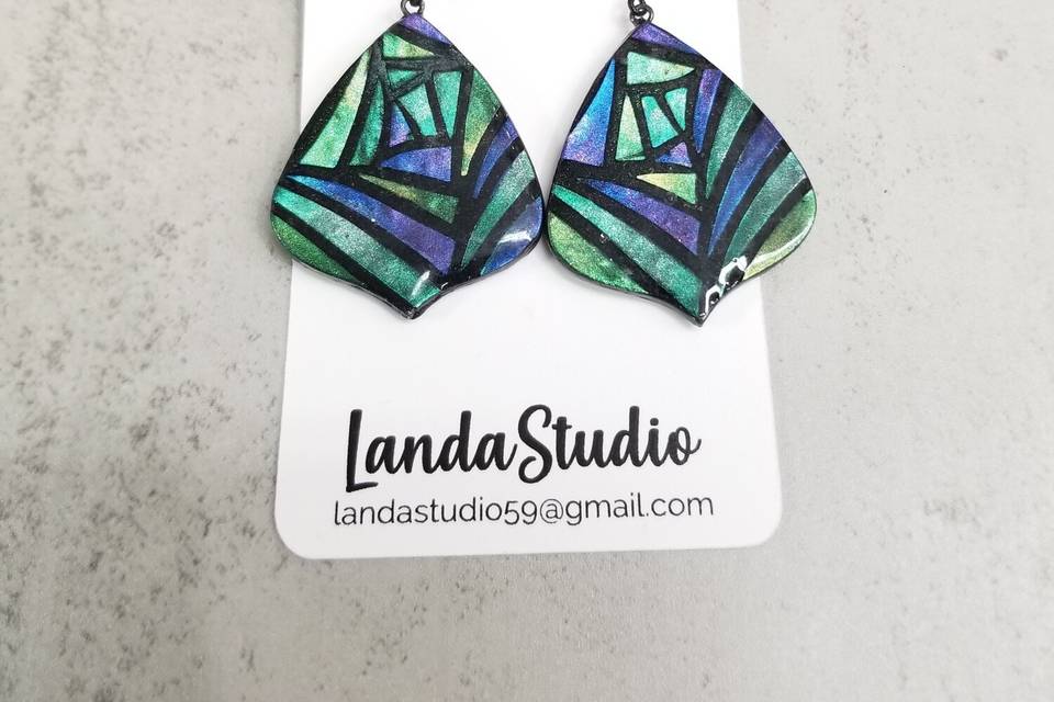 Polymer clay earrings in green and blue
