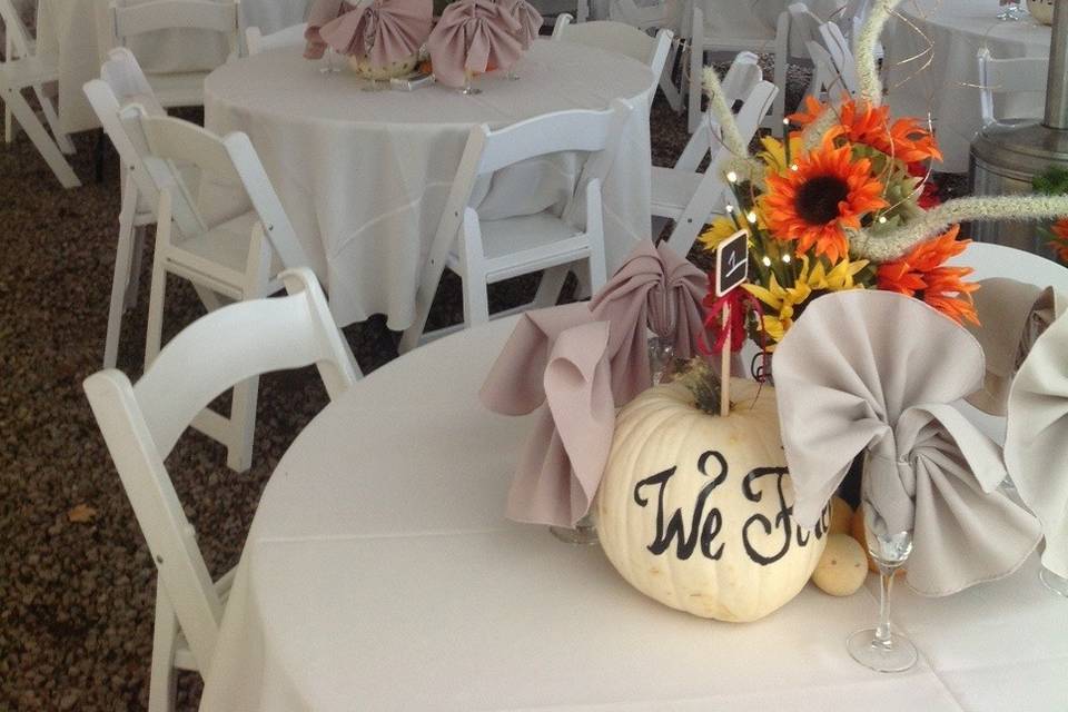 Tent setup and sample centerpieces