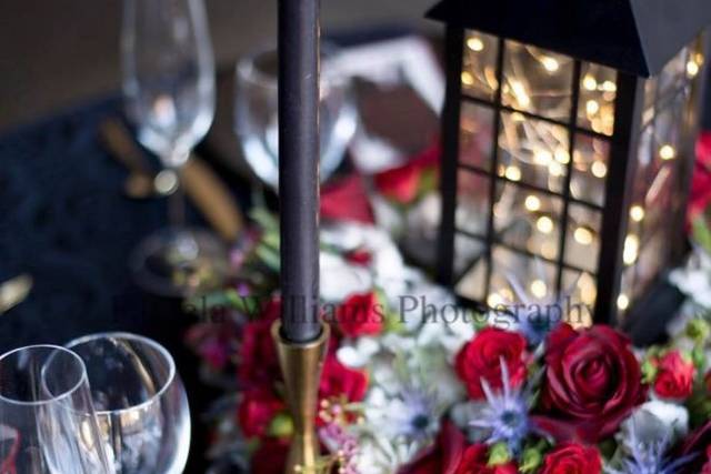 Table setup with flower centerpiece