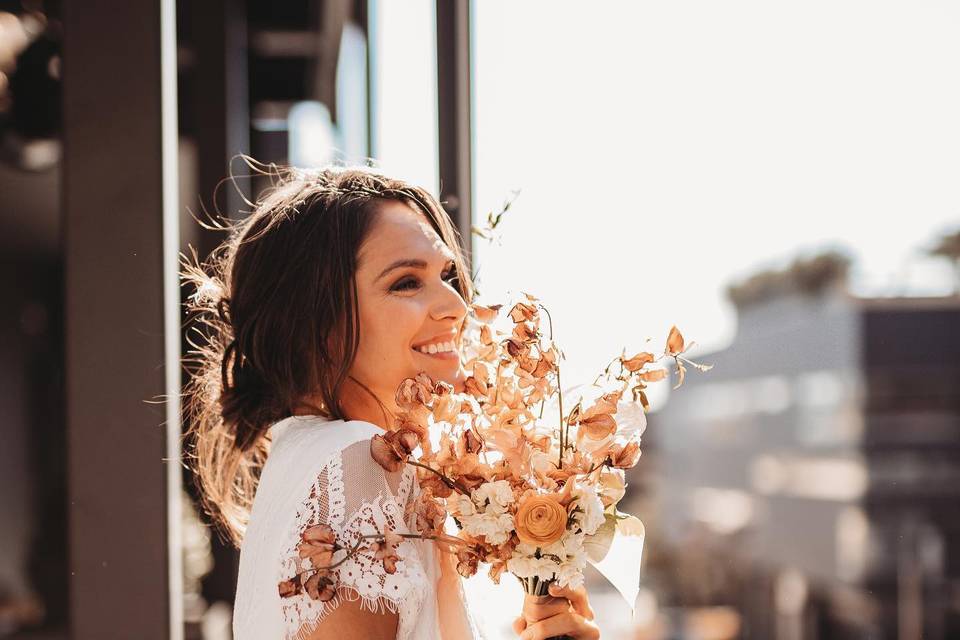 Happy downtown bride