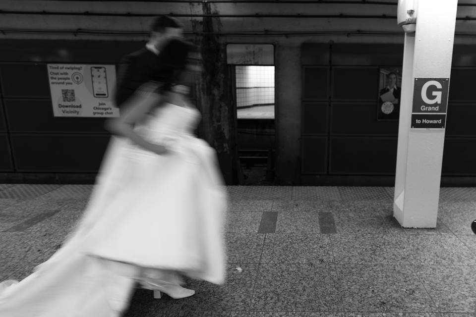 Bride groom running in subway