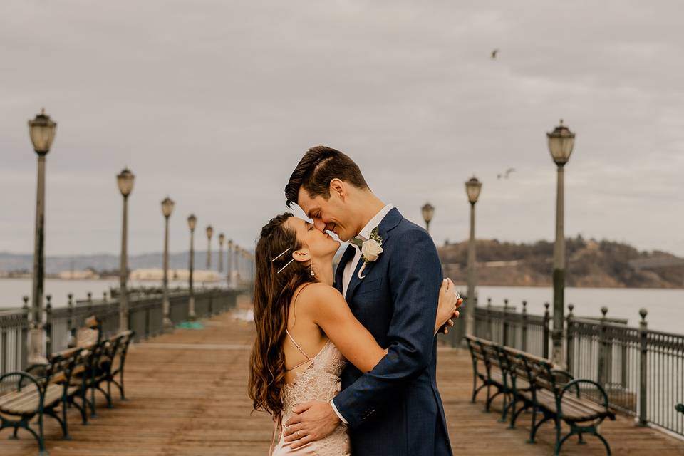 Bride and groom hugging