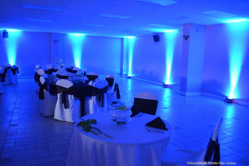 Reception area with blue lights